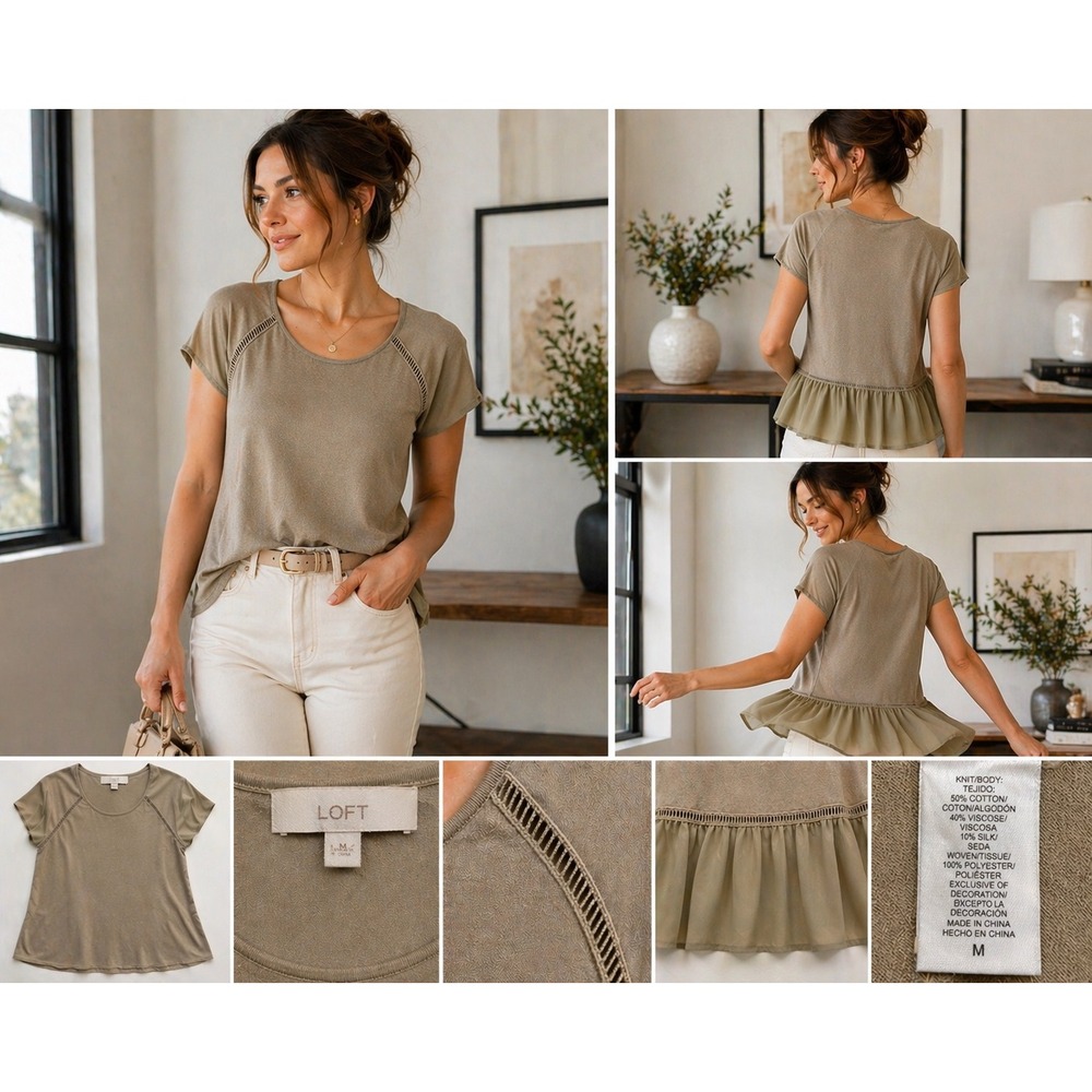LOFT Taupe Minimalist Officecore Quiet Luxury Peplum Blouse M Neutral Chic